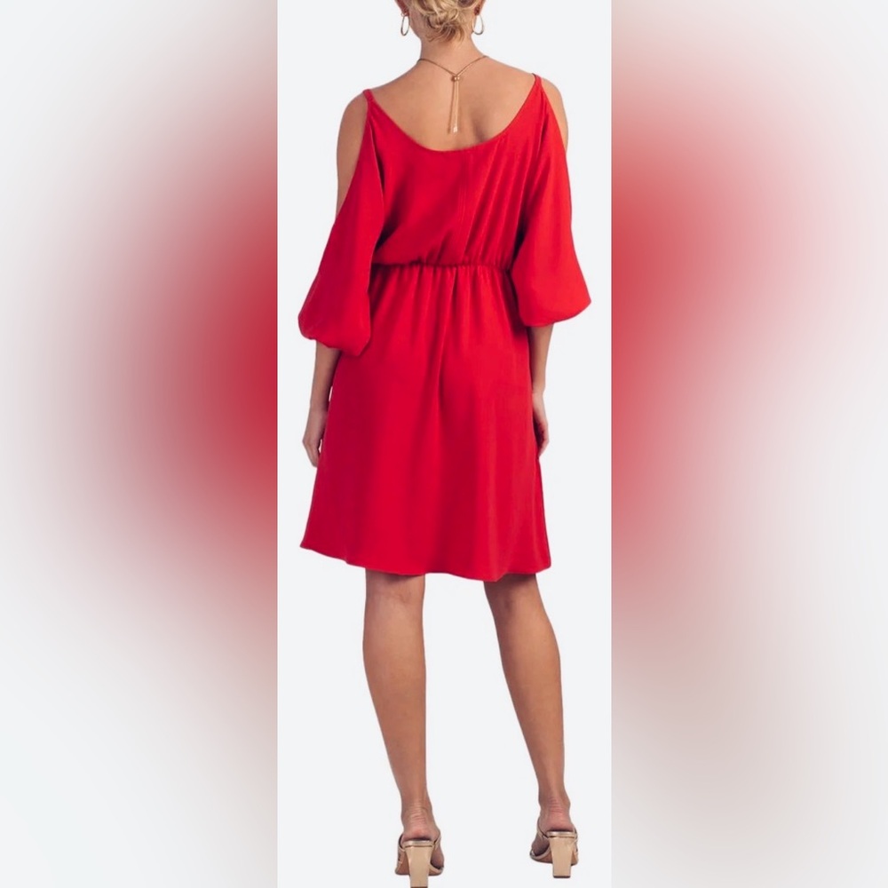Trina Turk cold-shoulder midi dress. Balloon sleeves. Red. 8. Party, cocktail - Picture 2 of 11